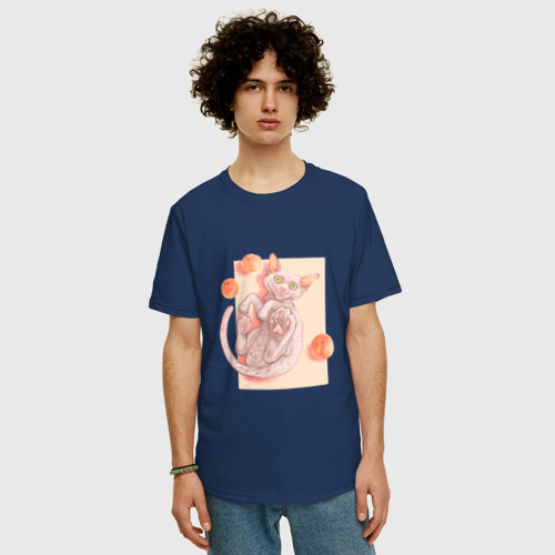 Мужская футболка хлопок Oversize с принтом Кот с персиками, фото на моделе #1