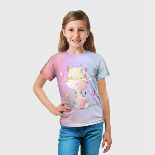 Детская футболка 3D с принтом Жираф на лугу, вид сбоку #3