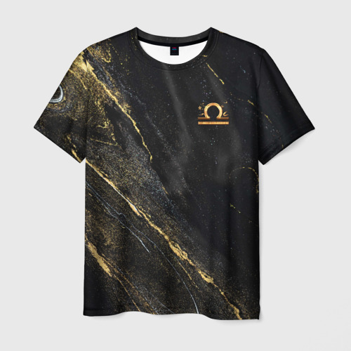 Мужская футболка 3D с принтом Символ знака зодиака Весы черно-золотой, вид спереди #2