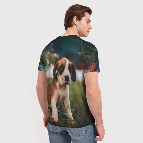 Мужская футболка 3D с принтом Милый щенок на траве, вид сзади #2