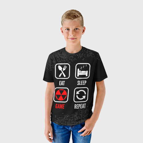 Детская футболка 3D с принтом Eat, sleep, Fallout, repeat, фото на моделе #1