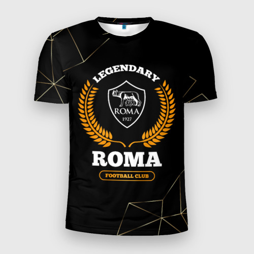 Мужская футболка 3D Slim с принтом Лого Roma и надпись legendary football club на темном фоне, вид спереди #2