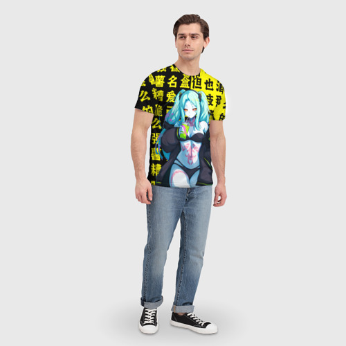 Мужская 3D футболка с принтом Ребекка и иероглифы - Киберпанк аниме, вид сбоку #3