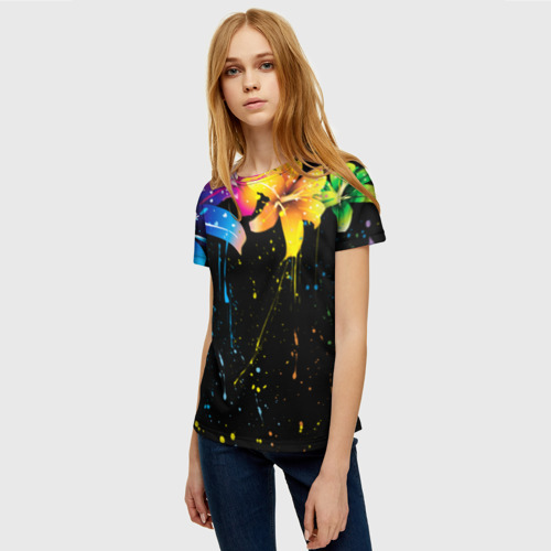 Женская футболка 3D с принтом Цветные лилии, фото на моделе #1