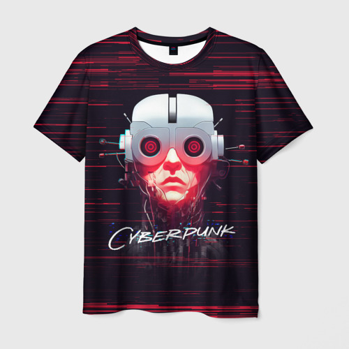 Мужская футболка 3D с принтом Cyberpunk cyborg, вид спереди #2