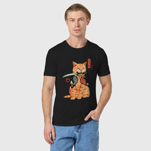 Мужская футболка хлопок с принтом Японский Кот Якудза, фото на моделе #1