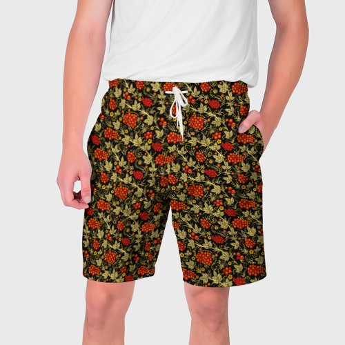 Мужские шорты 3D с принтом Хохлома - красные ягоды, вид спереди #2