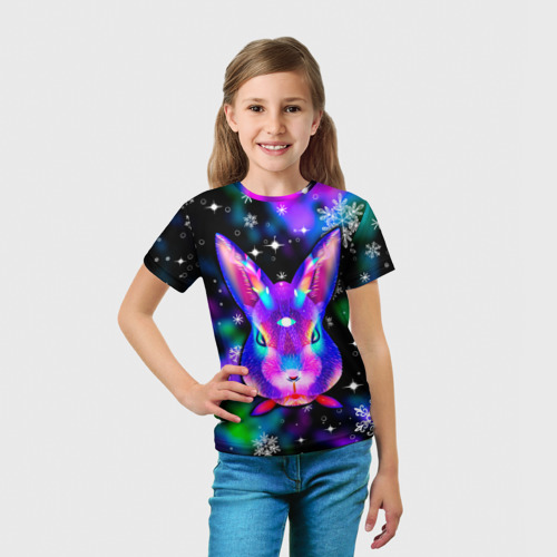 Детская футболка 3D с принтом Неоновый кролик, вид сбоку #3