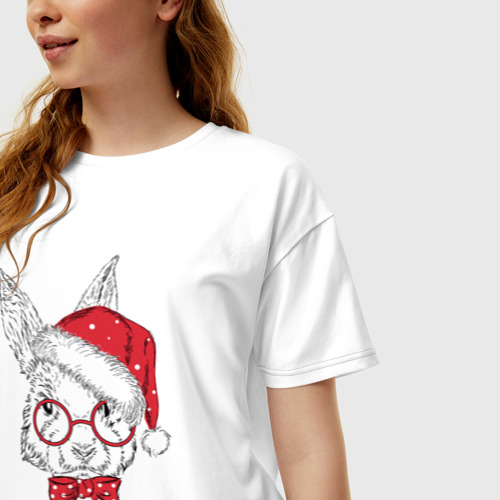 Женская футболка хлопок Oversize с принтом Это мой год! Кролик Дед Мороз, фото на моделе #1