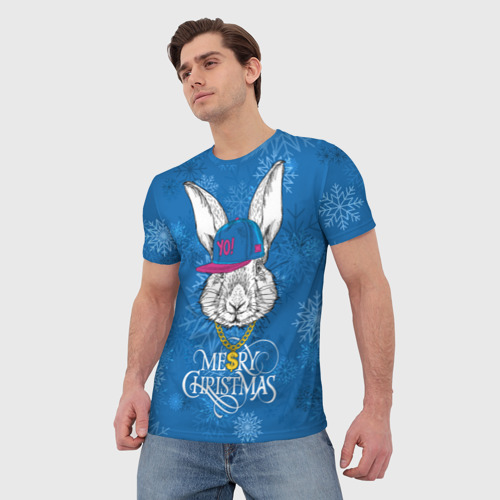 Мужская футболка 3D с принтом Merry Christmas, rabbit in cap, фото на моделе #1