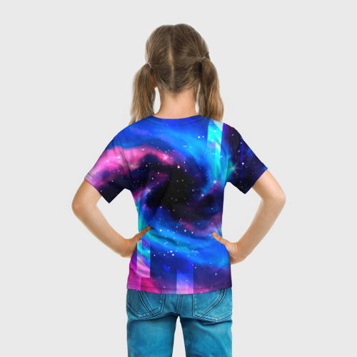 Детская футболка 3D с принтом Chevrolet неоновый космос, вид сзади #2