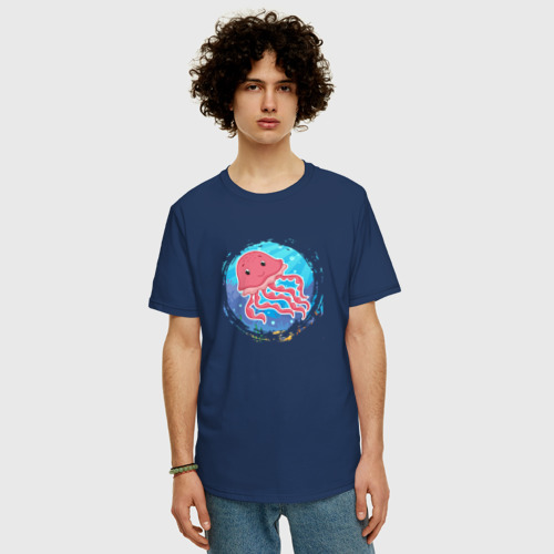 Мужская футболка хлопок Oversize с принтом Мультяшная медуза под водой, фото на моделе #1
