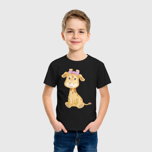 Детская футболка хлопок с принтом Милый жирафик с бантиком, фото на моделе #1