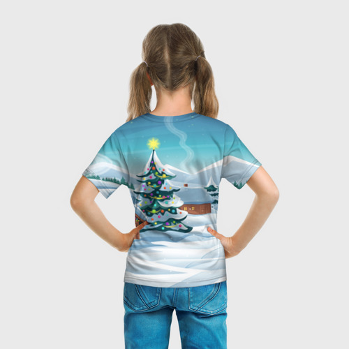 Детская футболка 3D с принтом Новогодние избушки, вид сзади #2
