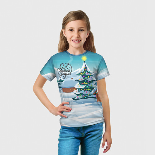 Детская футболка 3D с принтом Новогодние избушки, вид сбоку #3