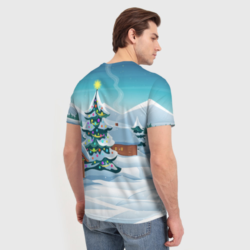 Мужская 3D футболка с принтом Новогодние избушки, вид сзади #2