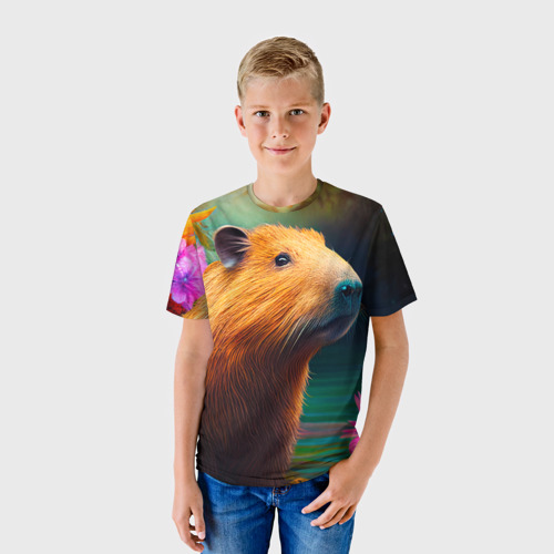 Детская футболка 3D с принтом Капибара в цветах, фото на моделе #1