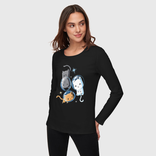 Женский лонгслив хлопок с принтом Три кота в безвоздушном пространстве, фото на моделе #1