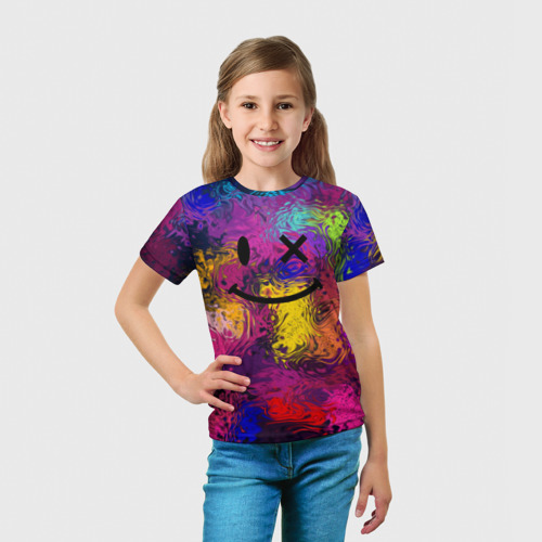 Детская футболка 3D с принтом Смайлик с брызгами краски, вид сбоку #3