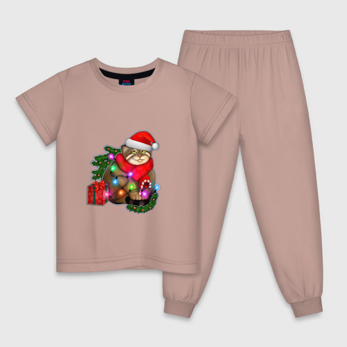 Детская пижама хлопок с принтом Новогодний манул с подарком, вид спереди #2