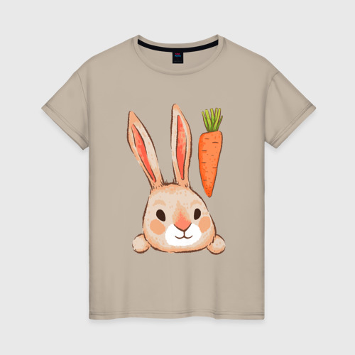Женская футболка хлопок с принтом Заяц с морковкой, вид спереди #2