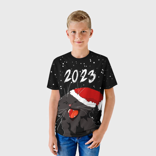 Детская футболка 3D с принтом Новогодний кот символ года, фото на моделе #1