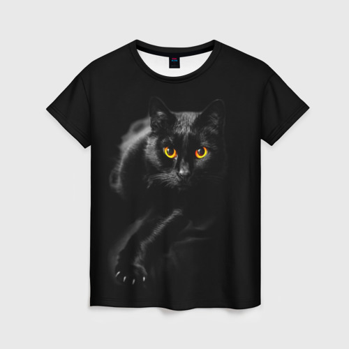 Женская футболка 3D с принтом Черный кот во тьме, вид спереди #2