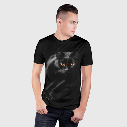 Мужская футболка 3D Slim с принтом Черный кот во тьме, фото на моделе #1