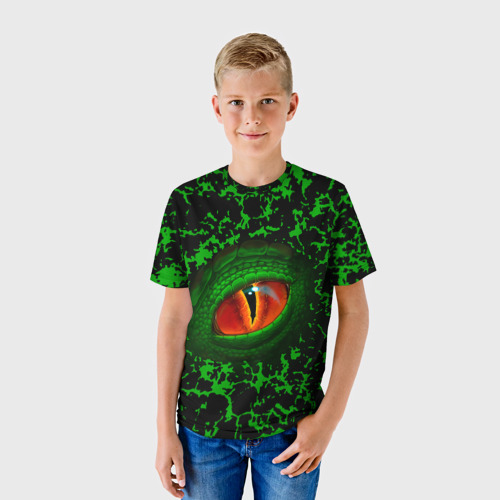 Детская футболка 3D с принтом Глаз зеленого дракона, фото на моделе #1
