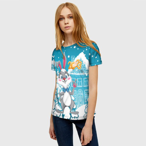 Женская 3D футболка с принтом Заяц - новый  год, фото на моделе #1