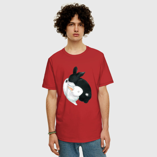 Мужская футболка хлопок Oversize с принтом Кролики Инь Янь, фото на моделе #1