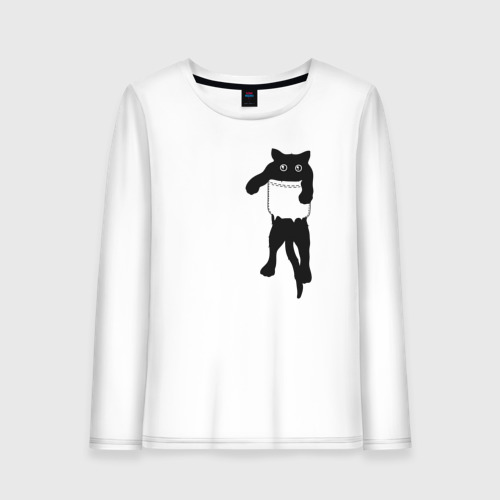 Женский лонгслив с принтом Черный котик в кармане, вид спереди #2