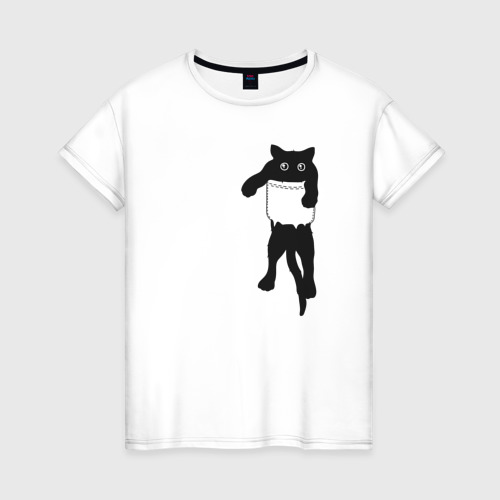 Женская футболка с принтом Черный котик в кармане, вид спереди #2