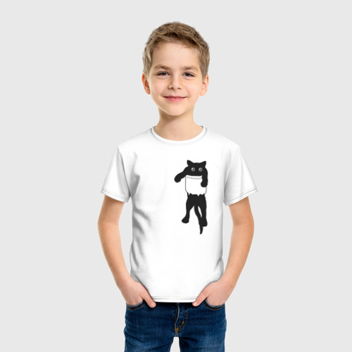 Детская футболка с принтом Черный котик в кармане, фото на моделе #1