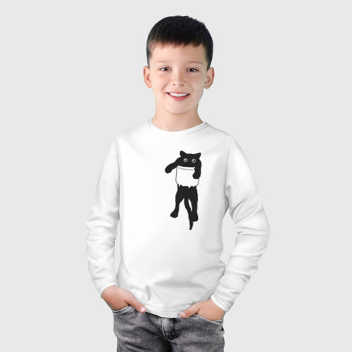 Детский хлопковый лонгслив с принтом Черный котик в кармане, фото на моделе #1