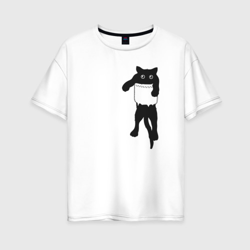 Женская футболка oversize с принтом Черный котик в кармане, вид спереди #2