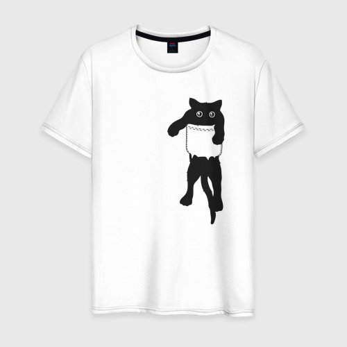 Мужская футболка с принтом Черный котик в кармане, вид спереди #2