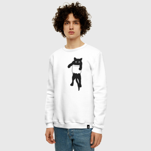Мужской свитшот хлопок с принтом Черный котик в кармане, фото на моделе #1