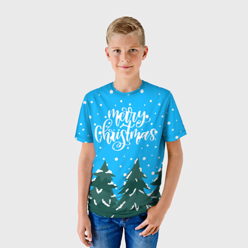 Детская 3D футболка с принтом Merry christmas - Ёлочки, фото на моделе #1