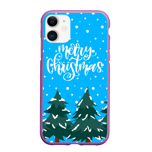 Чехол для iPhone 11 матовый силикон с принтом Merry christmas - Ёлочки, вид спереди #2
