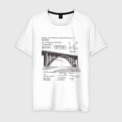 Мужская футболка хлопок с принтом Мост и математические формулы, вид спереди #2