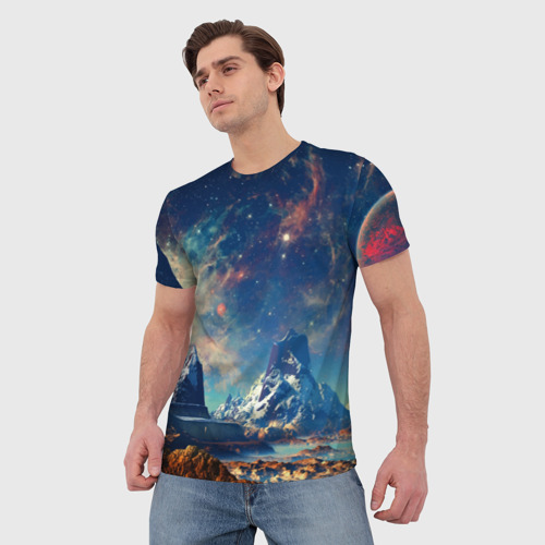 Мужская футболка 3D с принтом Горы и бескрайний космос, фото на моделе #1