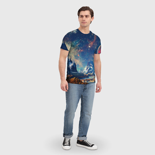 Мужская футболка 3D с принтом Горы и бескрайний космос, вид сбоку #3