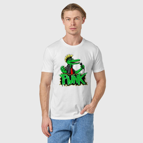 Мужская футболка хлопок с принтом Крокодил панк с микрофоном, фото на моделе #1