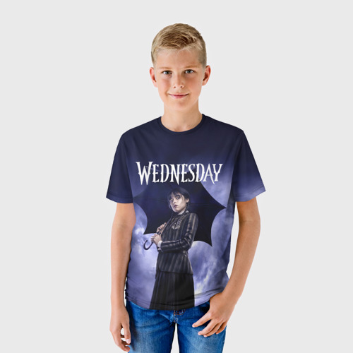 Детская футболка 3D с принтом Уэнсдэй Аддамс с зонтиком, фото на моделе #1