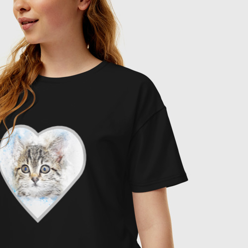 Женская футболка хлопок Oversize Серый симпатичный котенок в сердечке 👚 –  купить в интернет-магазине