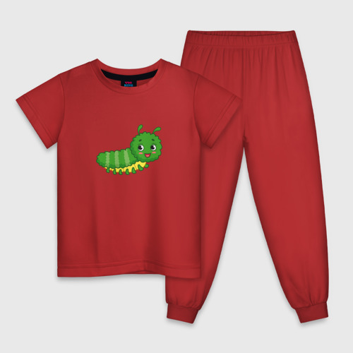 Детская пижама с принтом Мультяшная зеленая гусеница, вид спереди #2