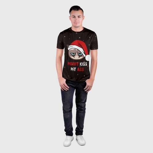 Мужская футболка 3D Slim с принтом Новогодний кот мем - грубиян, вид сбоку #3