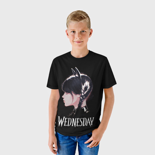 Детская футболка 3D с принтом Wednesday кошка, фото на моделе #1