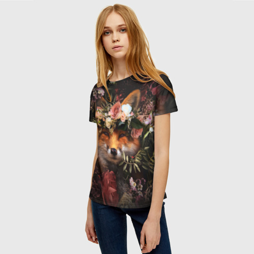 Женская футболка 3D с принтом В цветах лиса, фото на моделе #1